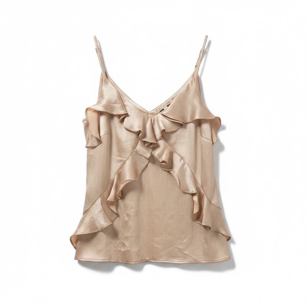 GB Gianni Bini Blush Shimmer Ruffle Cami Top Sz L Adjustable Straps Shiny EUC